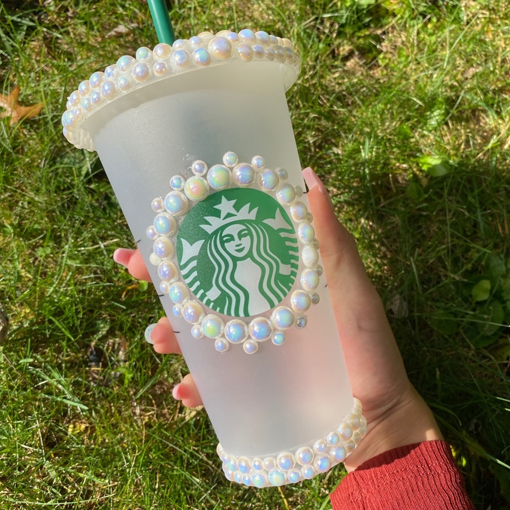 Hand Made White Pearl Starbucks Cold Cup